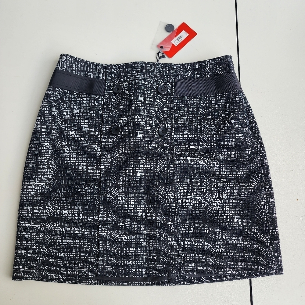 NWT Forenza Womens Mini Skirt Lined Black White Geo Print Zip Button Details 4